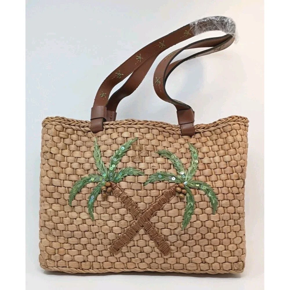 Cappelli Straworld Palm Tree Tote Bag Purse OS Double Handles Design Open Tote - Picture 1 of 9